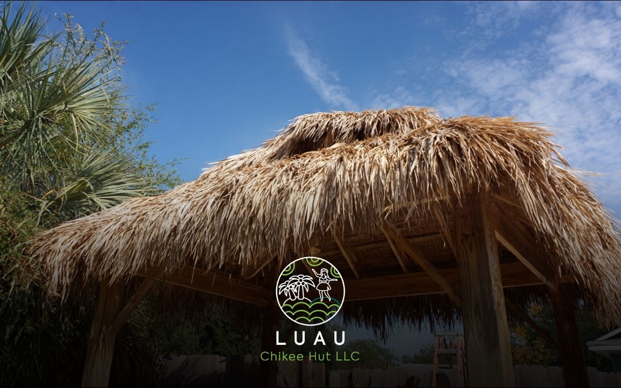 Detailed tiki hut materials list for a Florida backyard project with posts, rafters, and thatch bundles.