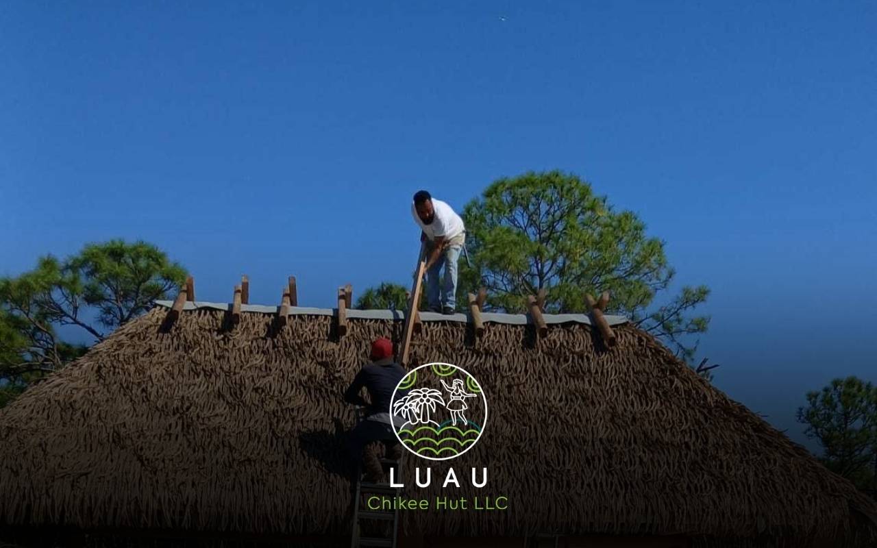 Modern chickee hut bar layout with low-voltage lighting and tropical décor