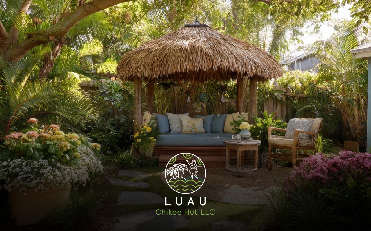 Tiki Hut Ideas for Backyard featuring a bamboo bar with colorful stools and relaxed tiki bar seating
